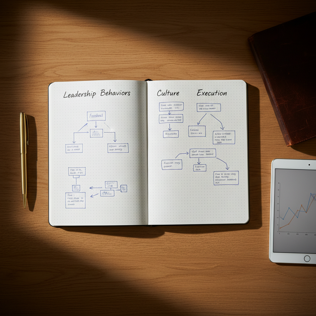 A crisp, open notebook with dotted pages lies flat on a warm oak desk, its center spread filled with hand-drawn systems diagrams, arrows, and neatly written headings such as “Leadership Behaviors,” “Culture,” and “Execution.” Beside it sit a finely crafted metal pen, a closed leather-bound strategy journal, and a slim tablet showing a muted, abstract performance graph. Soft morning light falls diagonally across the scene from an unseen window, creating delicate shadows and illuminating the ink lines with clarity. The mood is thoughtful and deliberate, suggesting planning and reflection. Composed in photographic realism from a slightly overhead angle using the rule of thirds, with a gentle vignette to focus attention on the notebook as the interface where ideas become action.