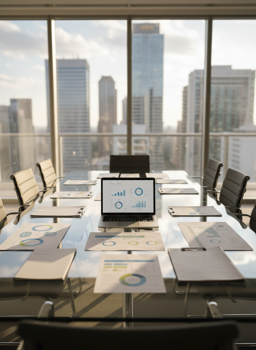 A large, clean glass conference table seen from a slightly elevated angle, covered with neatly arranged strategy documents, color-coded flowcharts, and a slim silver laptop displaying a simple dashboard. Around the table, ergonomic chairs are pushed back as if just vacated. Floor-to-ceiling windows reveal a blurred modern cityscape beyond. Soft afternoon natural light streams in, creating gentle reflections on the glass and subtle shadows across the paper. The mood is focused and professional, emphasizing clarity and organization. Photographic realism with a clean, modern aesthetic, sharp focus on the central documents and laptop, with a shallow depth of field softening the edges of the room to suggest strategic, high-level thinking in progress without any people present.