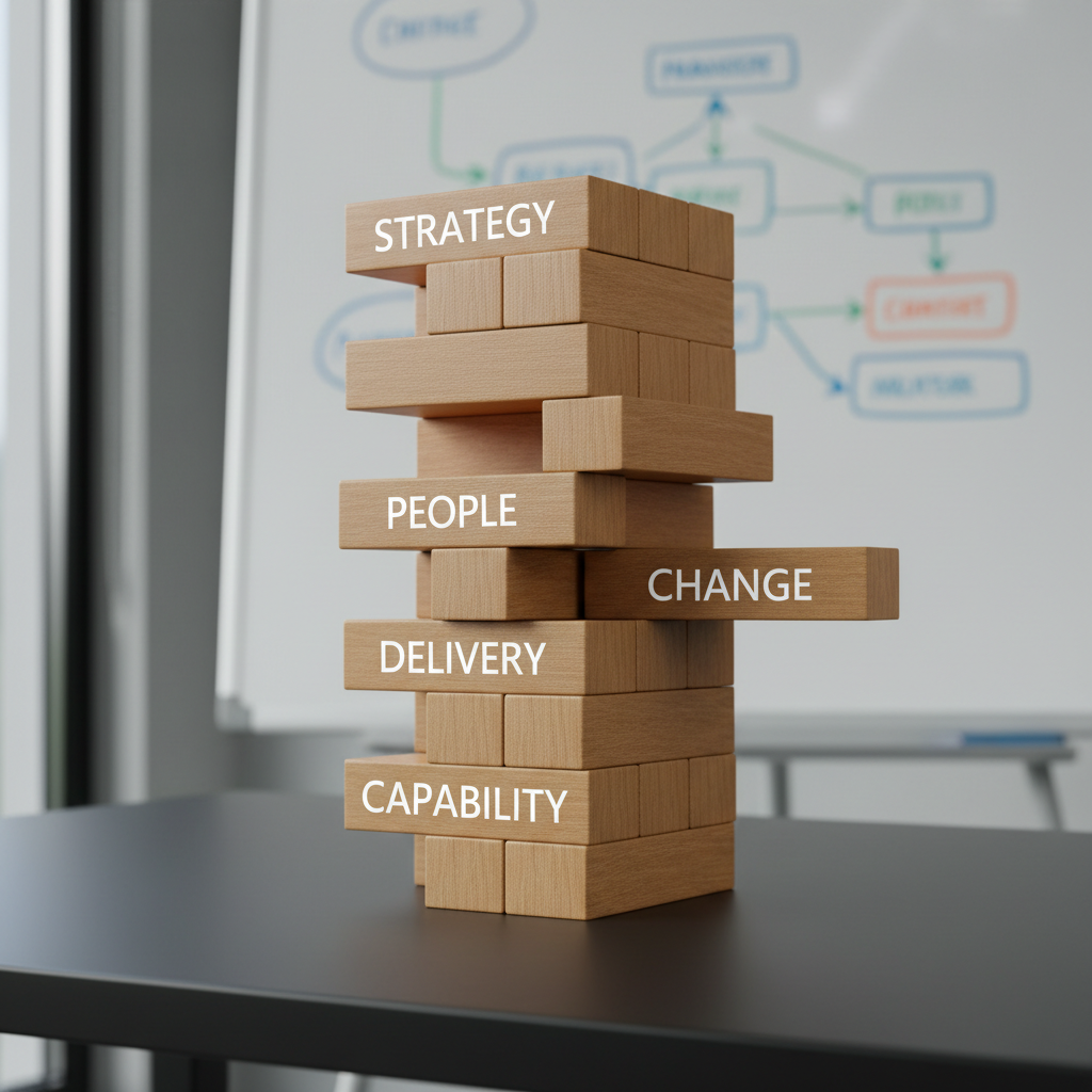 A tall, structured stack of wooden building blocks on a matte black desk, each block engraved with precise words like “Strategy,” “People,” “Delivery,” and “Capability.” The blocks are aligned into a stable tower with one sidepiece slightly pulled out to suggest change in motion. Behind the stack, a blurred whiteboard filled with colorful, organized diagrams and arrows hints at a change management framework. Cool, diffused daylight from a nearby window casts soft shadows and brings out the grain of the wood. Photographic realism with a minimalist, professional tone, shot at eye level with a shallow depth of field that keeps the tower sharply in focus, conveying balance, risk, and structured growth.